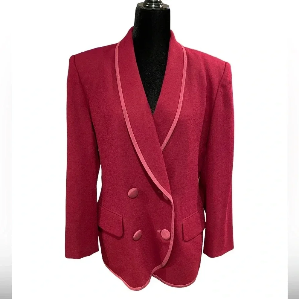 Vintage Christian Dior Doubles Breasted 100% Wool Blazer Jacket Burgundy Red